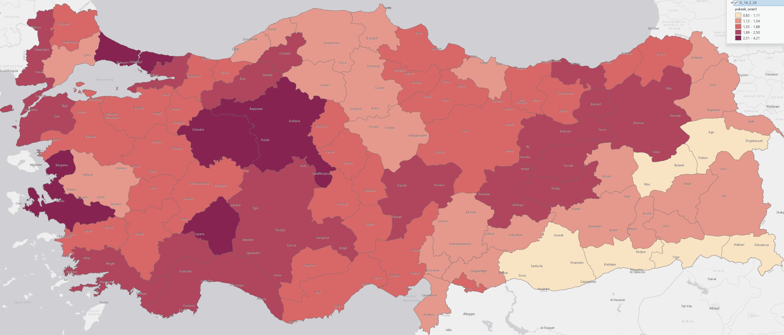 İLDEKİ YÜKSEK LİSANS + DOKTORA MEZUNLARININ NÜFUSA ORANI HARİTASI
